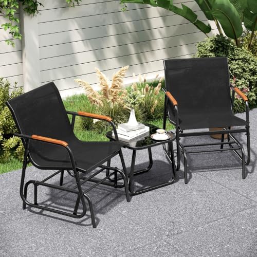 GIANTEX 3-Piece Outdoor Glider Set, 2-Pack Rocking Chairs with Small Tempered Glass Coffee Table, Metal Frame, Porch Rocker, Patio Bistro Set for Outside, Garden, Backyard, Balcony, Black