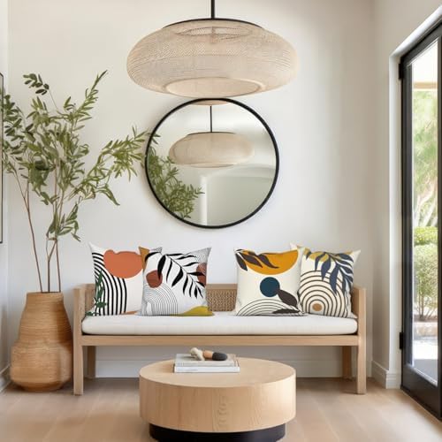 4 Pcs/Set Abstract Line Throw Pillow Covers Boho Sun Moon Arch Botanical Leaves Geometric Lines Plants Linen Throw Cushion Cases for Couch Sofa Bedroom Decorative, 22"x22"