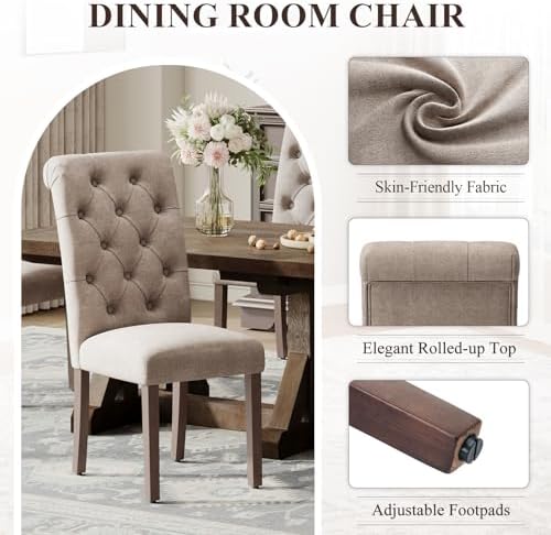 MALOL Upholstered Tufted Dining Room Chairs Set of 6, Parsons Kitchen Chairs with Padded Seat and Solid Wood Legs, Fabric Accent Side Diner Chair for Dining Room/Kitchen/Living Room, Camel