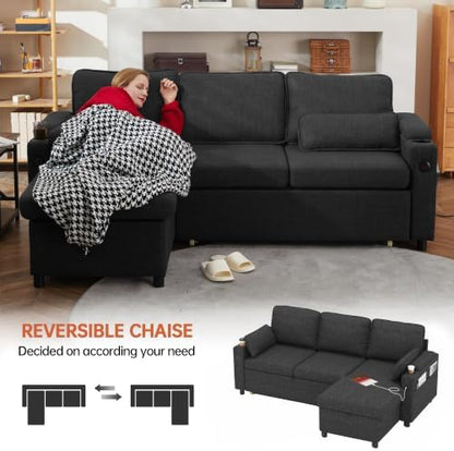 DURASPACE 81" Sectional Sofa with Pull Out Bed, L Shaped Sleeper Sofa Couch for Living Room,Convertible Pull Out Sofa Bed with Storage Chaise, USB Port, Cup Holder (Dark Gray)