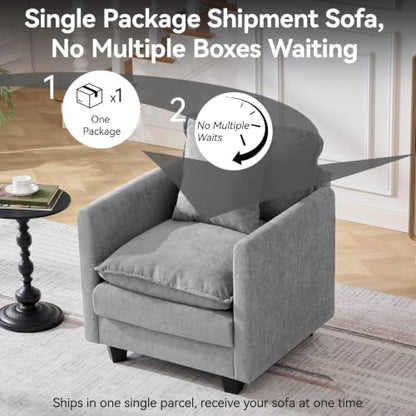 30'' Cloud Single Couch, Cloud Sofa with Throw Pillow, Modern 1 Seater Reading Chair with Deep Seat, Accent Chairs for Living Room, Bedroom, Small Apartment, Light Grey