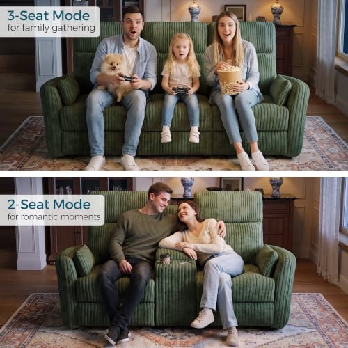 LINSY Modular 3-Seater Recliner Sofa with Flippable Console & Hidden Storage, Dual Manual Reclining Couch with USB Ports & Cup Holders, Corduroy Couch for Living Room, Home Cinema, RV (Green)