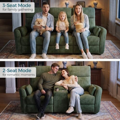 LINSY Modular 3-Seater Recliner Sofa with Flippable Console & Hidden Storage, Dual Manual Reclining Couch with USB Ports & Cup Holders, Corduroy Couch for Living Room, Home Cinema, RV (Green)