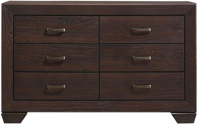 MAKLAINE 4-Piece Wood Eastern King Bedroom Set, Brown and Dark Cocoa Finish, Faux Leather Upholstered Bed, Mirror, Nightstand, Dresser, Mid-Century Modern Style Furniture for Bedroom Decor