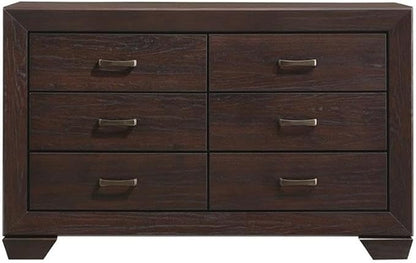 MAKLAINE 4-Piece Wood Eastern King Bedroom Set, Brown and Dark Cocoa Finish, Faux Leather Upholstered Bed, Mirror, Nightstand, Dresser, Mid-Century Modern Style Furniture for Bedroom Decor