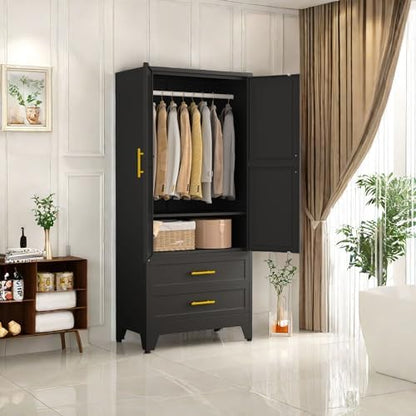 71" Metal Armoire Wardrobe Closet, Tall Clothing Storage Cabinet, Black