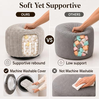 Round Pouf Ottoman, Light Gray, 20"x13", Corduroy Foot Rest