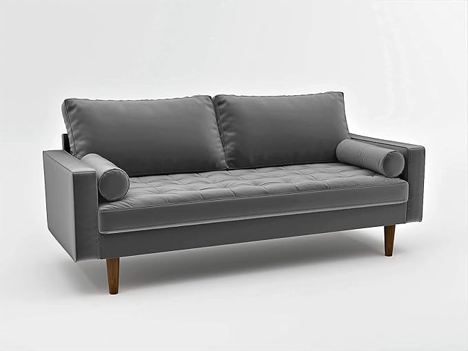 Container Furniture Direct Womble Mid Century Modern Velvet Upholstered Tufted Seat with Bolster Pillows, Sofa, Grey