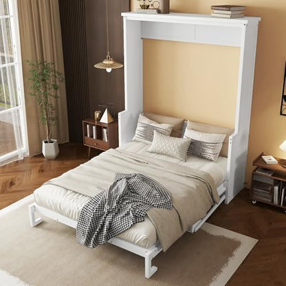 MERITLINE Queen Murphy Bed with Desk, Solid Wood Vertical Murphy Wall Bed Cabinet with Storage Shelves Space-Saving Hidden Bedframe (White,Queen)