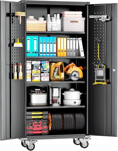 Metal Storage Cabinet with Wheels, 75" Garage Storage Cabinets with Door and 4 Shelves, Tool Storage Locker on Caster for Home, Office, Black