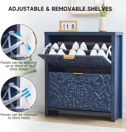Shoe Cabinet Set of 2, 2-Tier Flip-Drawer Storage for Entryway (Blue, 2)
