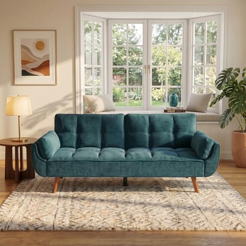 Convertible Futon Sofa Bed, Modern Style Loveseat Futon Couch with Adjustable Armrests and Backrest, Comfy Futon Couth for Living Room, Bedroom and Small Spaces, Green