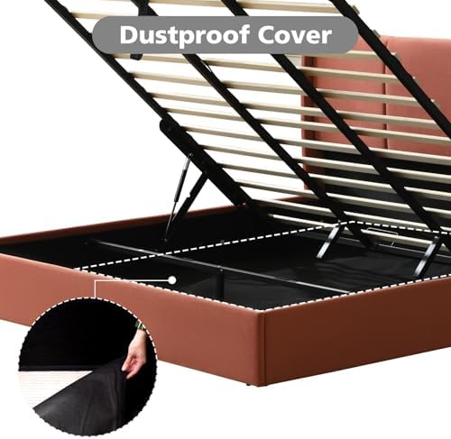 VELOCAVA King Lift Up Storage Bed Frame, Velvet-Look Upholstered Bed with Modern Wingback Headboard, Hydraulic Lift Storage, Wood Slat Support, No Box Spring Needed, Terracotta
