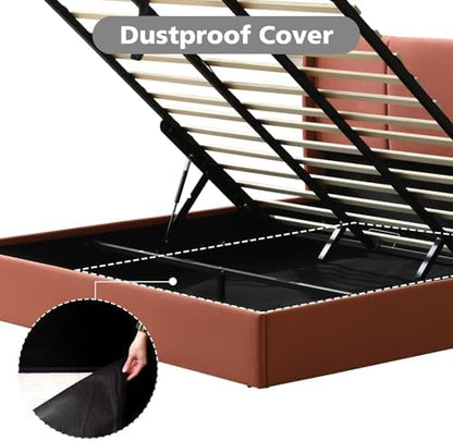 VELOCAVA King Lift Up Storage Bed Frame, Velvet-Look Upholstered Bed with Modern Wingback Headboard, Hydraulic Lift Storage, Wood Slat Support, No Box Spring Needed, Terracotta