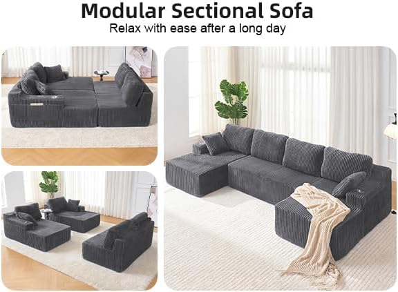 130" U-Shaped Modular Sectional Sofa with Chaise, Boneless Corduroy Flexible Module Seating for Living Room, Cloud Couch with Cup Holders and Side Pockets, No Assembly (Grey)