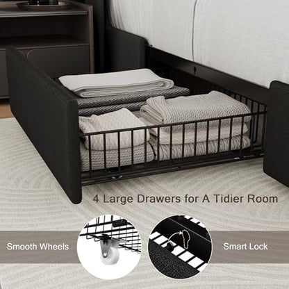 Einhomn Full Size Bed Frame with 4 Storage Drawers and Charging Station, Upholstered Platform Bed Frame with Storage Headboard, No Box Spring Needed, Easy Assembly, Black