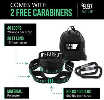 Bear Butt Kodiak Hammock Straps for Trees - 20 Feet Long, 40 Combined Loops - Holds 1000 Pounds - Camping Accessories With Carabiner