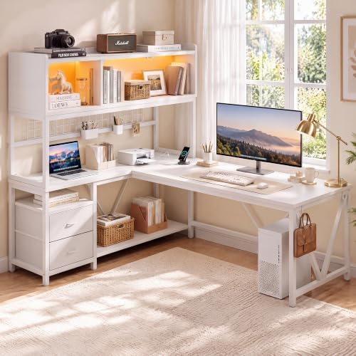 L Shaped Gaming Desk with Drawers, Corner Computer Desk with LED Tempered Glass Display Cabinet, Shaped L Office Desk with Charging Station and Fabric Drawer, PC Desk for Gaming and Office, White