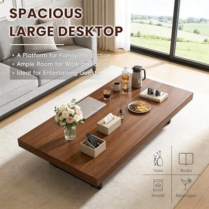 Solid Wood Rectangular Coffee Table, 1.6-Inch Thick Top, Modern Minimalist Center Table for Living Room, Apartment, Office or Lounge