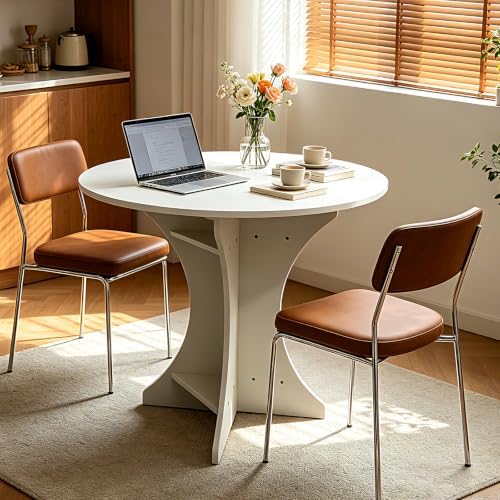 32" Modern Round Dining Table for 2-4 People Circle Farmhouse Kitchen Table Small Space Dining Room Table with White Top & Pedestal Base for Dining Room/Kitchen/Living Room