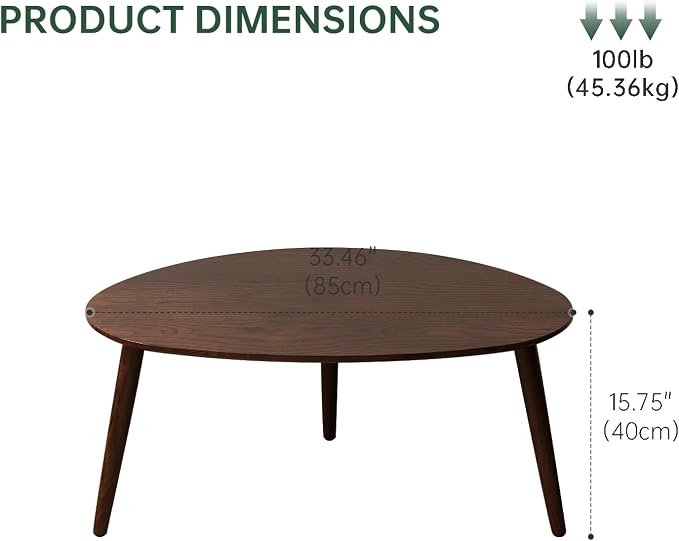 Small Oval Coffee Table, 33.5" Mid Century Modern Coffee Table for Living Room, 100% Solid Oak Wood Side Table, Minimalist Display Center Table (Walnut Color, 33.46''Wx22.83''Dx15.74''H)