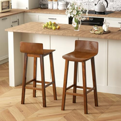 GIANTEX 29" Bar Stools Set of 2, Bar Height Bar Stools w/Low Back & Footrest, Farmhouse Wooden Bar Dining Chairs, Armless Wood Barstools for Kitchen Island, Pub, Cafe, Breakfast, Brown