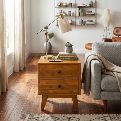 Acacia Silvia Nightstand with 2 Drawers, Solid Wood Bedside Table, Table with Storage Drawers for Bedroom, Bedside End Table with Drawer and Storage Space, Caramel
