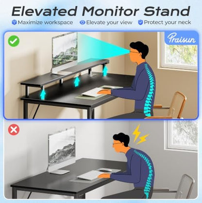 PRAISUN 40 inch Gaming Desk, LED & Power Outlets, Monitor Stand, Black