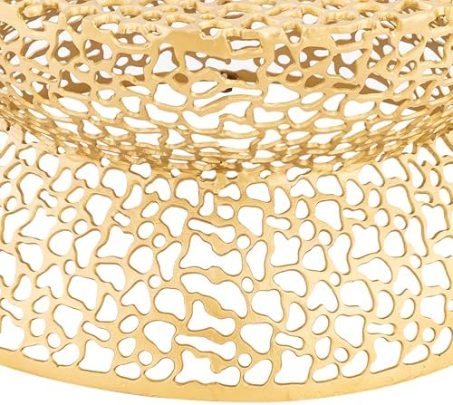 35" Gold Aluminum Round Coffee Table with Geometric Cutout Base