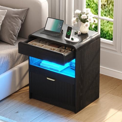 Yusong Modern Fluted Nightstand with Charging Station & Dimmable LED Light, Curved Edge Bedside Table with Pull‑Out Storage Drawers, Wooden End Side Cabinet for Bedroom(Black)