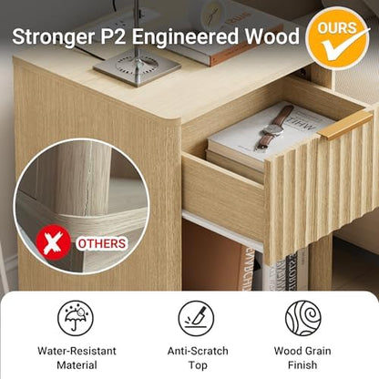 Fluted Nightstands Set of 2 with Charging Station, 23"W Night Stand with Metal Handle, FSC-Certified Wood, Modern End Table w/Storage, Bedside Table for Bedroom, Curved Profile, Natural Oak
