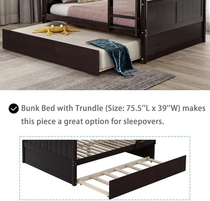 Merax Trundle Bunk Bed, Full Over Full Wood Bunk Bed with Twin Size Trundle, Guardrail and Ladder, Can be Separated into 2 Beds, Espresso