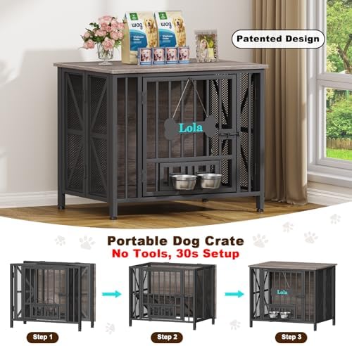 Easycom31.5''Assembly-Free Dog Crate, Dog Kennel with Tag & Bowls (DC107)