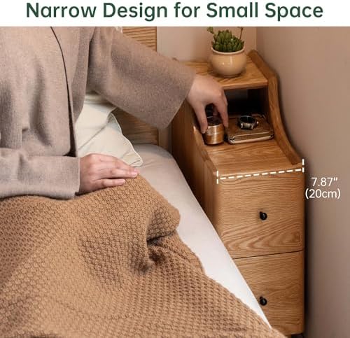 Narrow Nightstand, Solid Wood Nightstands with 2 Drawers, Natural Wood Nightstand with Open Shelf, Slim Bedside Table for Small Spaces, Wooden Side Table for Bedroom, 7.9" W