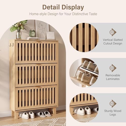 Shoe Cabinet, Slim 3 Flip Drawers for Entryway, Natural