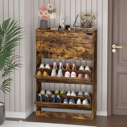 Wodeer Narrow Shoe Cabinet for Entryway, Slim Shoe Storage Cabinet with 3 Flip Drawers, Hidden Wood Shoe Cabinet Storage, Freestanding Shoe Rack Organizer Foyer, Hallway, Grey