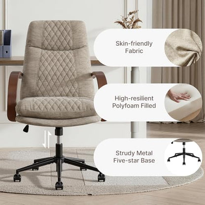 KISLOT Home Office Desk Chair, Ergonomic Office Chair with Lumbar Support, Adjustable Swivel Computer Chair with Wheels, Fabric Executive Task Chair with Wood Arms, Khaki