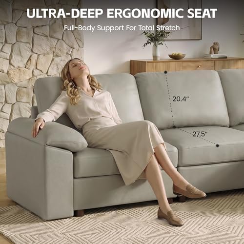 82.6'' Oversized Loveseat Sofa, Faux Leather Modular Sectional Couch, Deep Seat 2 Seater Sofas with Wide Armrest, Modern Comfy Cloud Settee Love Seat for Living Room, Greige