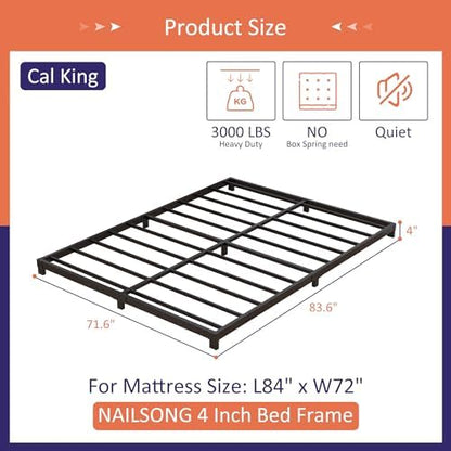 Nailsong 4 inch Cal King Bed Frame, Low Profile California King Bed Frames