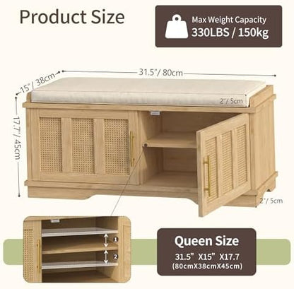 Heybly Shoe Cabinet with Bench, Rattan Storage Bench with Cushion, HSB001N