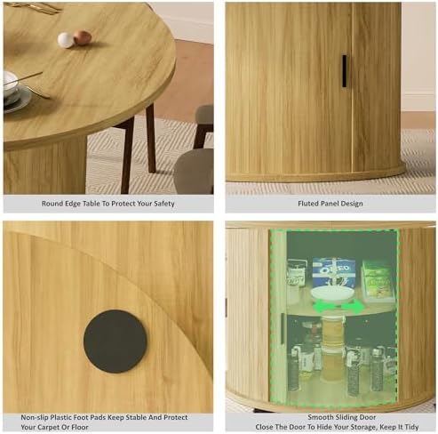 Dining Table for 4-6, 63“Extendable Round Dining Room Kitchen Table with 2-Tier Storage Shelf, Fluted Wood Table with Slide Door, Expandable Wood Oval Dinner Furniture with Pedestal Base (Oak)