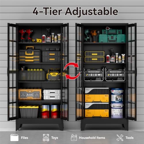 71" Metal Storage Cabinet with 5 Adjustable Shelves, Glass Grid Black