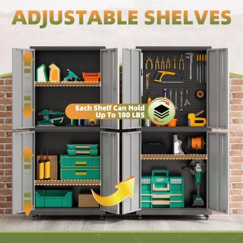 71''H Garage Storage Cabinet with Wheels, Meatl Storage Cabinet with Lock