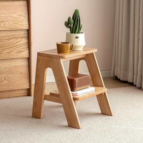 100% Solid Oak Wood 2 Step Stool, Multifunctional 2-Tier End Table Nightstand Plant Stand Dining Makeup Stool for Living Room Bedroom Kitchen