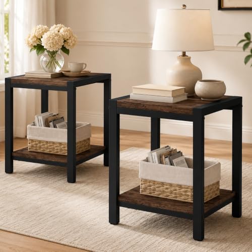 Square End Table Living Room Set of 2, Side Table, Rustic Oak