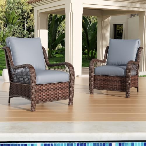 Wicker Patio Chairs Set of 2, Wicker Patio Furniture Chairs with High Back, Wide Armrest, Thickened Cushions, Outdoor Rattan Furniture for Deck, Porch Use, Dark Grey