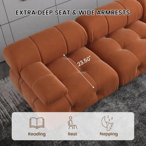 Modern Velvet Sectional Sofa, U Shape Minimalist Modular 6-Seater Couch with 2-Ottomans for Living Room Office Apartment (138in/Orange)