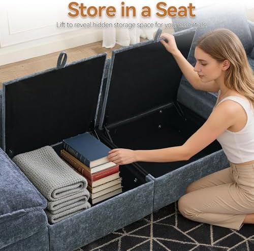 Modular Sectional Storage Sofa, 80" Cloud Deep Seat L-Shaped Couch, Blue