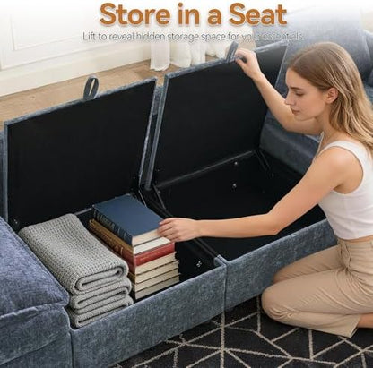 Modular Sectional Storage Sofa, 80" Cloud Deep Seat L-Shaped Couch, Blue