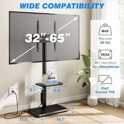Rfiver Swivel Floor TV Stand with Power Outlet for 32-65 inch TVs, Height Adjustable Tall TV Stand with Wood Base, Saving Space Design for Bedroom, Living Room and Corner